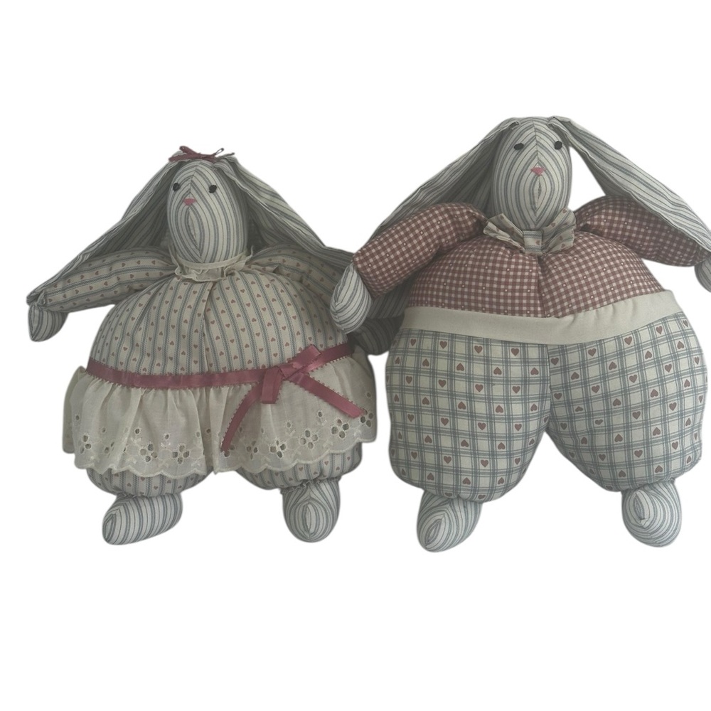 Vintage Cottagecore Bunny Plush Pair – Handmade Country Heart Rag Dolls